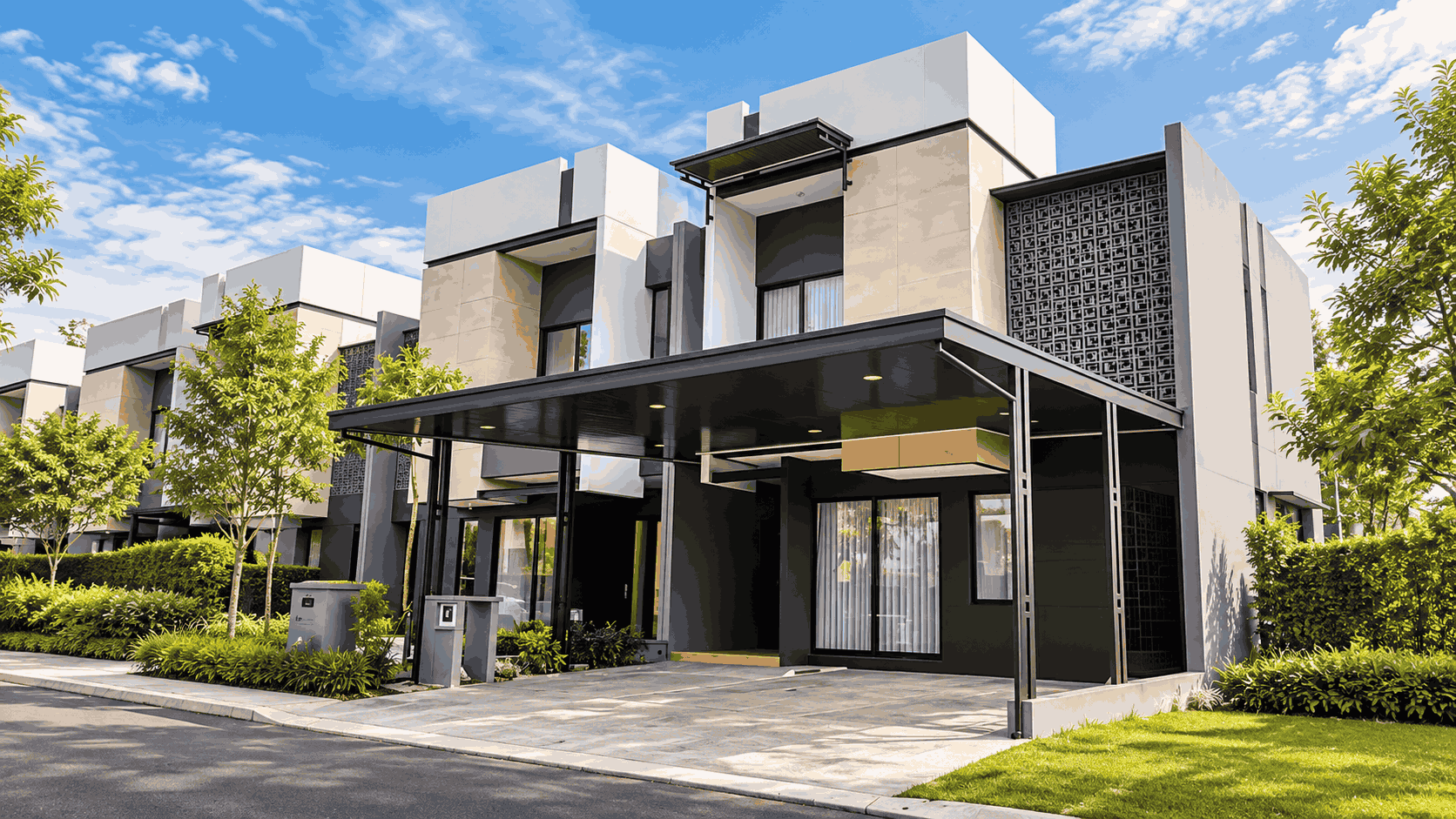 Rumah modern dua lantai dengan kanopi carport rangka hitam di area depan