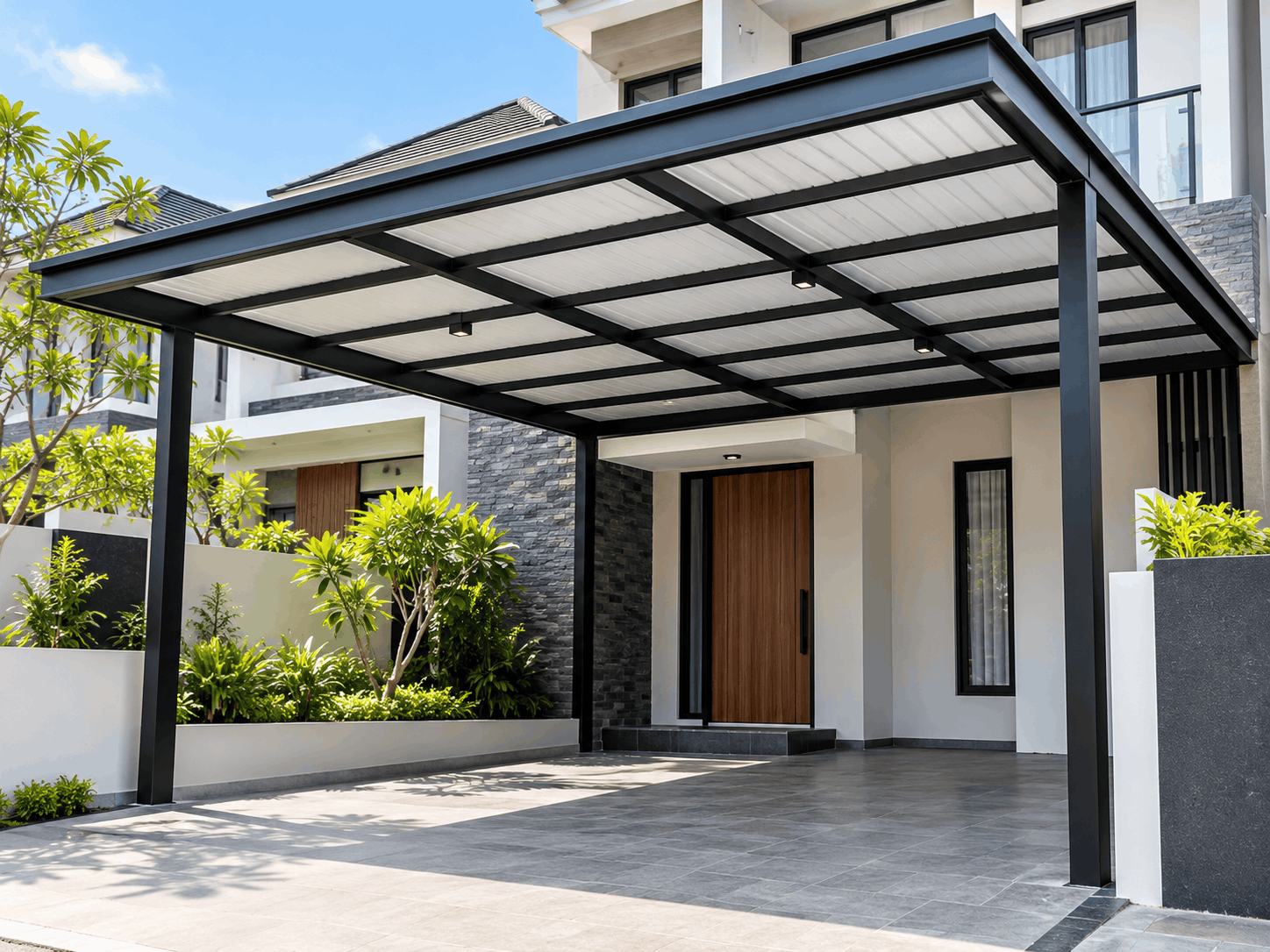 Contoh kanopi rumah dan carport dengan rangka besi modern